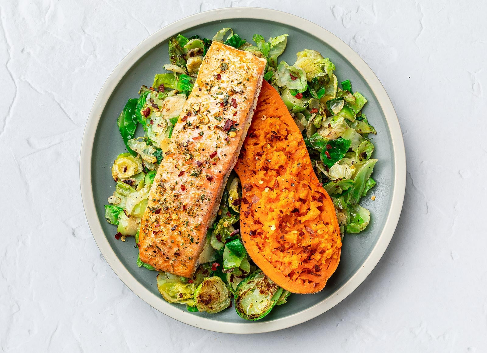 Garlic Herb Roasted Salmon Sweet Potato On Brussels